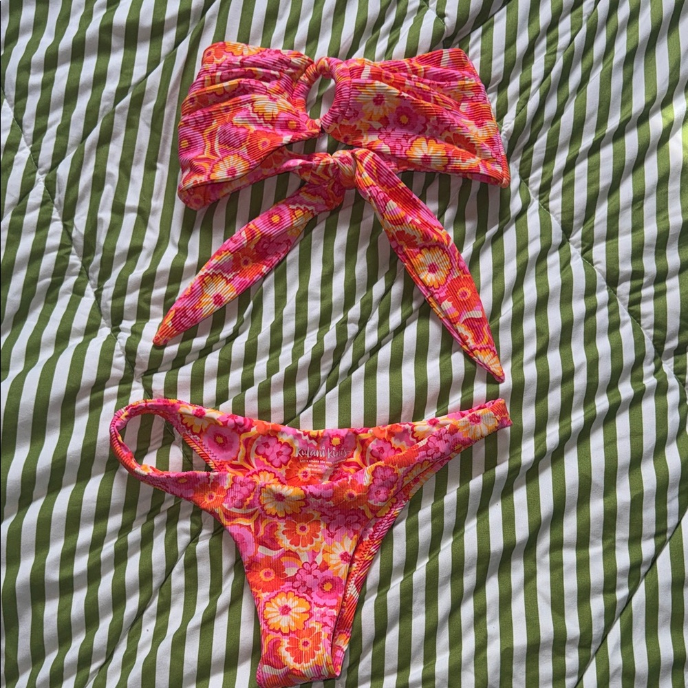 Kulani Kinis Pink and Orange Floral Bandeau Bikini Set